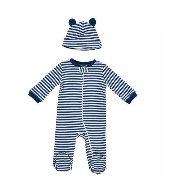 NWT Chick Pea Baby Boys Blue & White Footed Coverall and Hat, 2 Piece Set -6-9 M - Picture 1 of 9